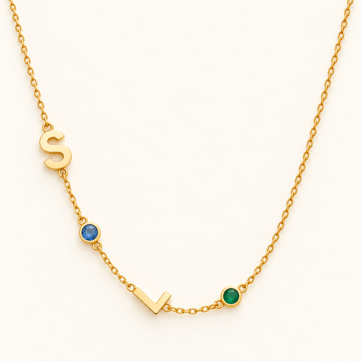 Sideways Initial Necklace with Birthstones