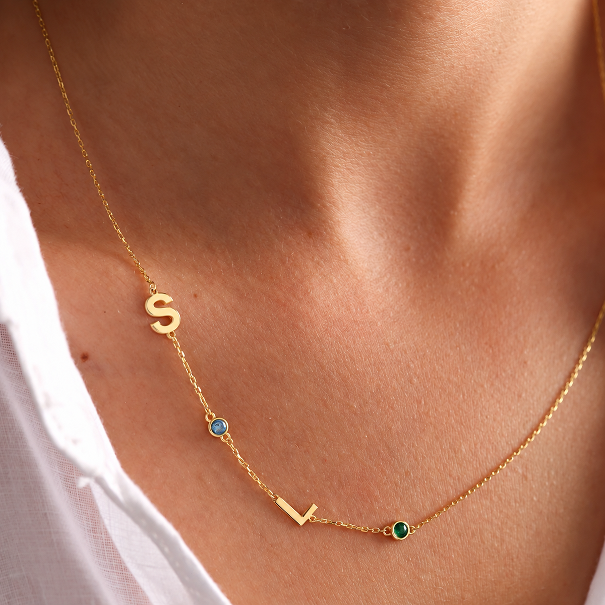 Sideways Initial Necklace with Birthstones
